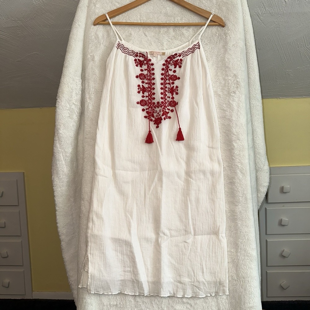 Pink Chicken White Red Embroidered Dress XS Gauzy Cotton Boho Resortwear Beach